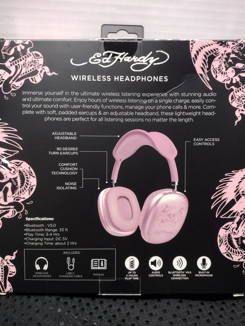 Ed Hardy Pink Wireless Headphones - Bluetooth Over-Ear
